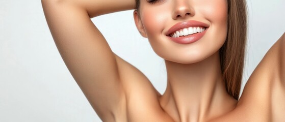 Portrait of attractive caucasian smiling woman brunette isolated on white studio shot lips toothy smile face head and shoulders looking at camera armpit axillary space