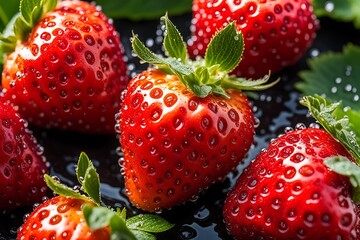 Fresh strawberries with water drops on a black background, close-up