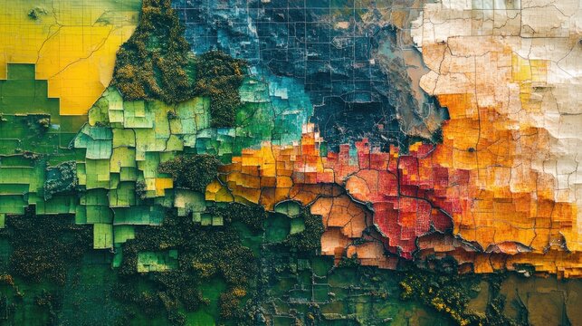 An aerial photograph turned into a GIS map, with layers of data visualized in different colors. The background is softly lit, ideal for adding text.