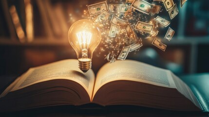 Poster - An open book with a light bulb and money signs coming out of it, symbolizing profitable ideas. The background is softly lit, leaving space for text.