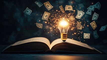 Poster - An open book with a glowing light bulb rising from its pages, surrounded by floating money icons. The background is dark, leaving space for text.