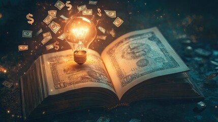 Poster - An open book with a light bulb and money signs coming out of it, symbolizing profitable ideas. The background is softly lit, leaving space for text.