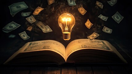 Poster - An open book with a glowing light bulb rising from its pages, surrounded by floating money icons. The background is dark, leaving space for text.