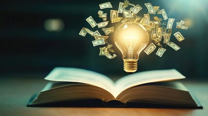 Poster - An open book with a light bulb and money signs coming out of it, symbolizing profitable ideas. The background is softly lit, leaving space for text.