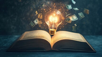Poster - An open book with a light bulb and money signs coming out of it, symbolizing profitable ideas. The background is softly lit, leaving space for text.