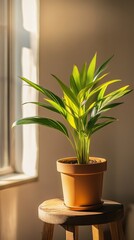 Poster - Indoor potted plant on a wooden stool