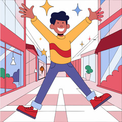 Wall Mural - 3D style cartoon character of a young man in a yellow sweater, jumping in the air with a huge smile, arms outstretched, and eyes sparkling with excitement graphics