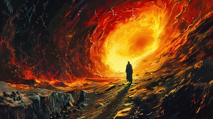 Sticker - A Solitary Figure Walks Towards the Fiery Vortex