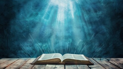 Poster - Open Bible on Wooden Table with Blue Light Background