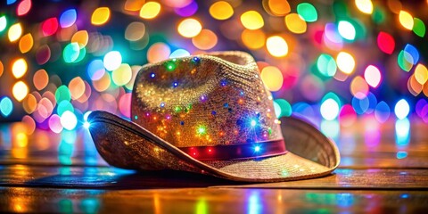 Cowboy Hat with Lights Against Bokeh Background, cowboy hat, bokeh lights, christmas, party