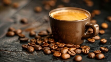 Coffee beans scattered around a cup of black coffee