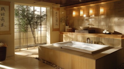 Wall Mural -  A serene bathroom with a Japanese soaking tub bamboo accents and natural stone tiles complemented by soft ambient lighting 