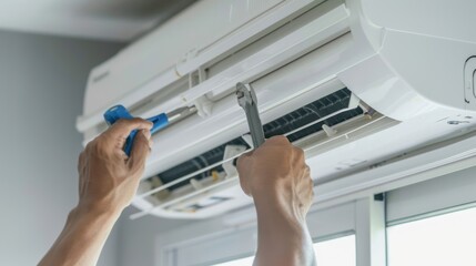 Professional repairman using tools to service an air conditioning system