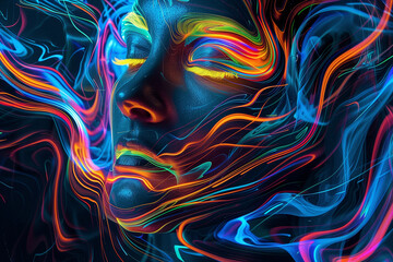 Wall Mural - abstract glowing neon lines shaping a serene female face in digital art, vivid futuristic design wit