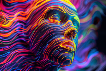 Wall Mural - colorful neon lines forming an abstract face with a serene expression, digital art showcasing futuri