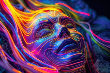 Wall Mural - glowing neon lines swirling around a peaceful face in abstract digital art, vivid futuristic imagery