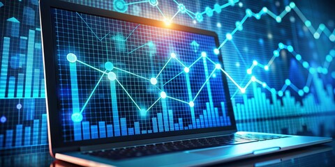 Wall Mural - Laptop Displaying Data Analytics Graphs, Stock Market, Business Data, Financial Trends, Analytics