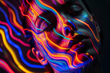 Wall Mural - radiant neon lines creating a peaceful abstract face in futuristic digital art, vibrant and dynamic 
