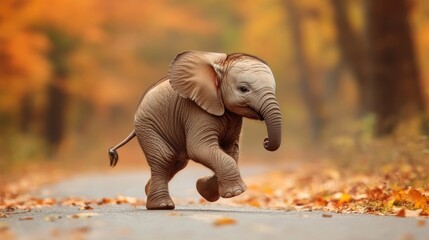 Wall Mural - Baby Elephant Running Through Autumn Woods