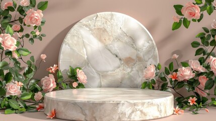 Poster - A white pedestal with pink flowers and green leaves surrounding it