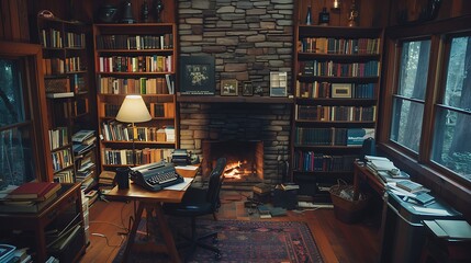 Wall Mural -  A writer's cabin nestled in the woods featuring a large desk with a typewriter a crackling fireplace and a bookshelf overflowing with books 