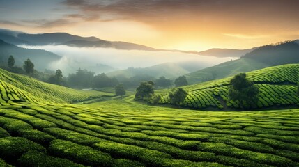 Wall Mural - Serene Sunrise Over Lush Green Tea Plantation