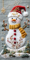 christmas cute funny snowman in embroidery style