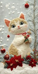 Wall Mural - Christmas cute funny little cat near the Christmas tree in embroidery style