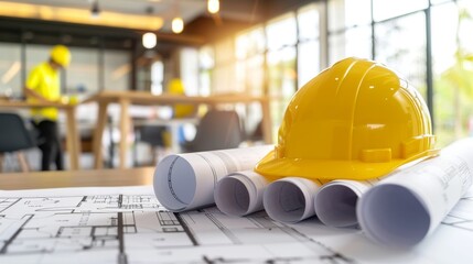 Yellow hardhat lying on construction plans with architect working in background