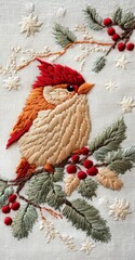 Wall Mural - Christmas bird in embroidery style