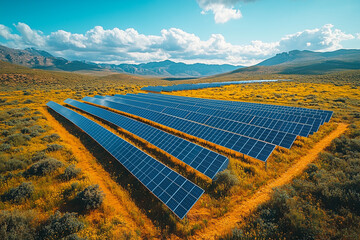 Wall Mural - Solar panels at a solar farm at a desert on a sunny day.