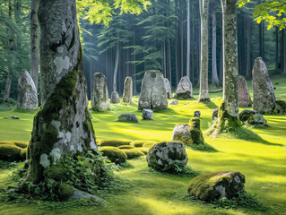 Canvas Print - A field of rocks and trees with a mossy appearance. The mossy appearance gives the field a serene and peaceful atmosphere