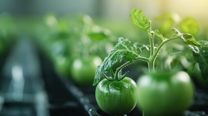 Close-up of green tomatoes growing on the vine, highlighted by lush leaves, emphasizing the process of maturation in a well-maintained agricultural setting.