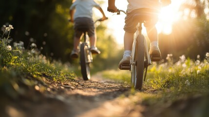 Two children riding bicycles on a dirt path through a sunlit natural setting, capturing the essence of childhood joy and adventure in an outdoor environment with greenery and flowers.