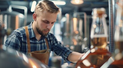 Poster - A man in a blue plaid shirt is working in a brewery