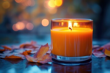 Wall Mural - close-up of a pumpkin spice candle burning, warm autumn light, and a cozy ambiance, [autumn warmth],