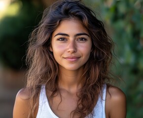 Wall Mural - Young woman smiling outdoors in natural light during daytime