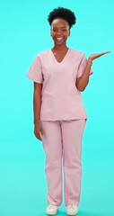 Canvas Print - Smile, funny and palm with a nurse black woman on blue background in studio for healthcare. Portrait, medical and product in the hand of a happy young female medicine professional laughing in scrubs