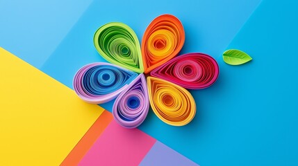 Poster - A colorful paper flower with a leaf on top. The flower is made of different colored paper and is placed on a blue background. Concept of creativity and artistry, as well as a feeling of freshness