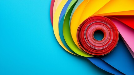 Poster - A colorful roll of paper with a red circle in the middle. The paper is arranged in a spiral pattern, with each color of paper being a different shade. Concept of creativity and artistic expression