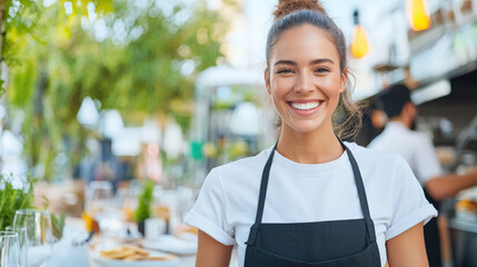 Smiling female barista wearing an apron in an outdoor cafe, showcasing friendly customer service and a welcoming atmosphere.