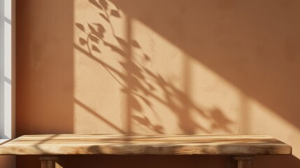Poster - A wooden table with a shadow of a tree on the wall