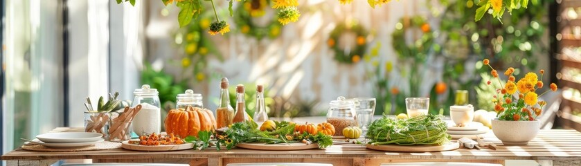 A backyard gathering with friends making DIY wreaths, a table full of themed decorations like gourds and sunflowers, and completed wreaths hanging on a fence