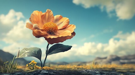 Poster - Single Peach-Colored Flower with Green Leaves Against a Blue Sky with White Clouds