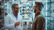 © liliyabatyrova - A man in a white lab coat is talking to another man in a green jacket in a store