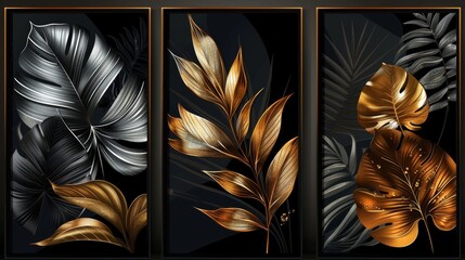 Wall Mural - The set consists of three abstract botanical wall art panels featuring elegant leaves in gold and silver colours