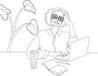 © Fatimata - femme noire sourire lunettes travail ordinateur bureau café plante carnet crayon vecteur
