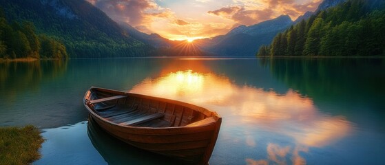 Wall Mural - Wooden Rowboat on a Calm Mountain Lake at Sunset