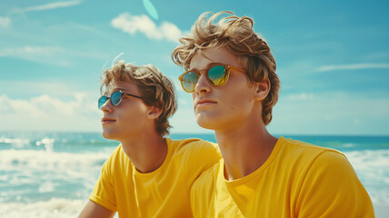 Two young men in yellow shirts and sunglasses enjoying a sunny day at the beach