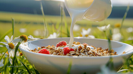 Pouring fresh milk into bowl of cereal in the English countryside field on a sunny morning for breakfast